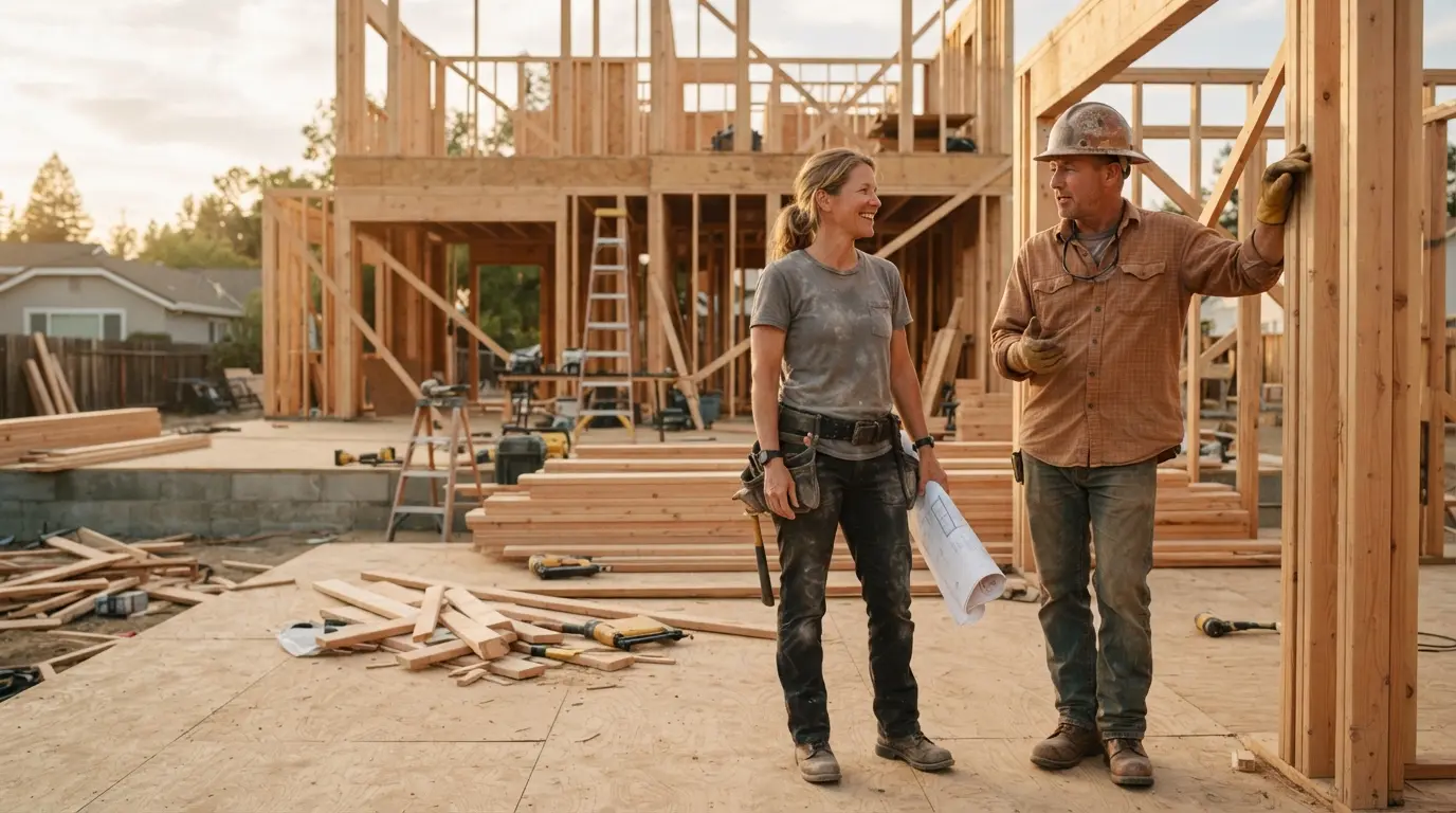Two contractors talking on a residential jobsite in late-afternoon light, wood framing behind them