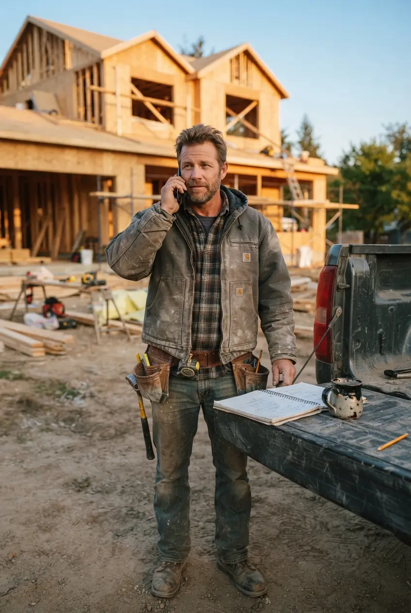 A general contractor on the phone at the tailgate of his work truck, framed house behind him