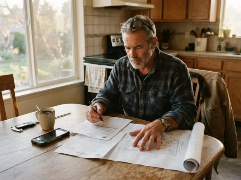 A contractor at his kitchen table reviewing an invoice and a set of plans in warm daylight